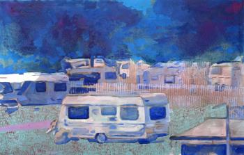 Arina Heinze: Campingplatz, 2026, Acryl auf Leinwand, 1oo cm x 155 cm © Arina Heinze Arina Heinze: Campingplatz, 2026, Acryl auf Leinwand, 1oo cm x 155 cm © Arina Heinze
